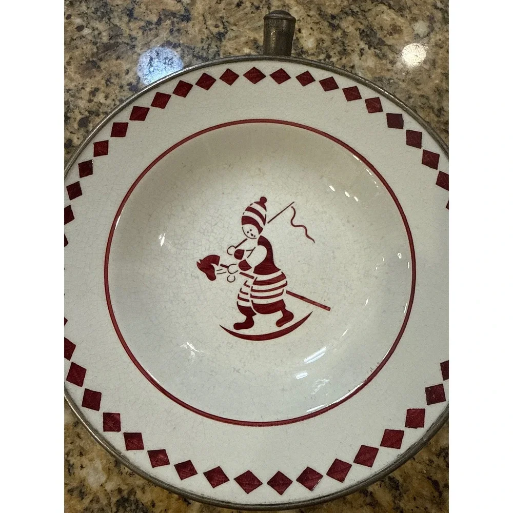 Vintage‎ Baby Warming Dish Red Rocking Horse Ceramic Metal Base 8 Inch Bowl
